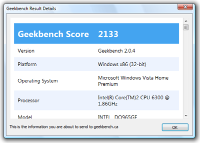 Geekbench Result Details dialog box